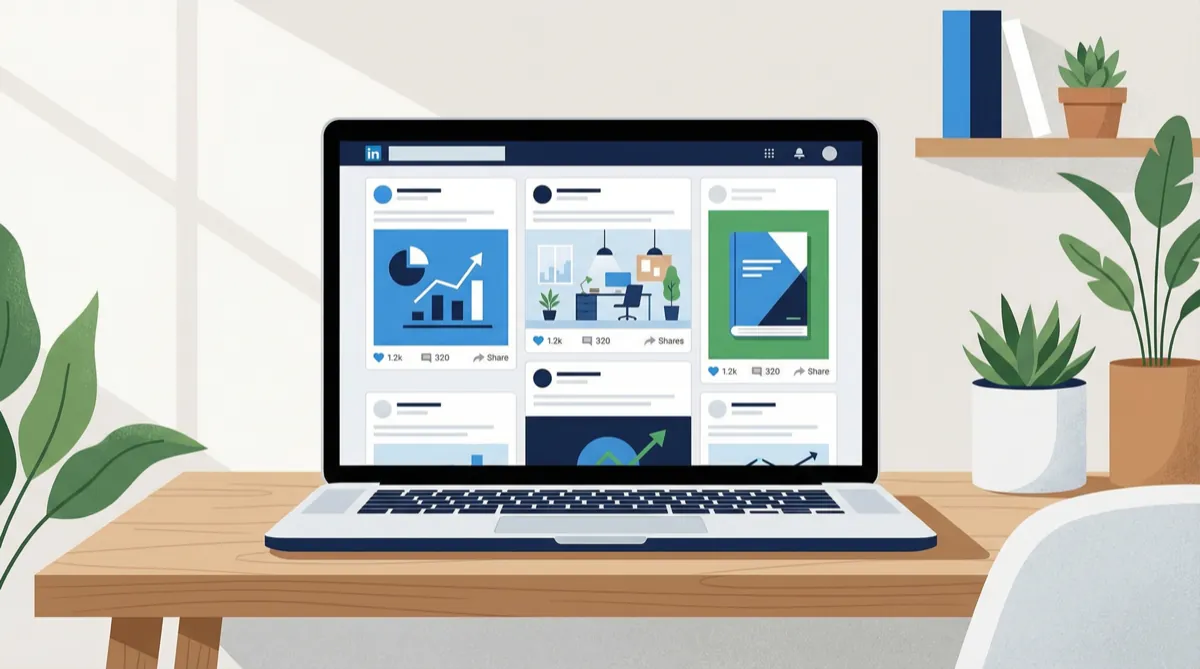 LinkedIn-system med mallar och workflow på en laptopskärm